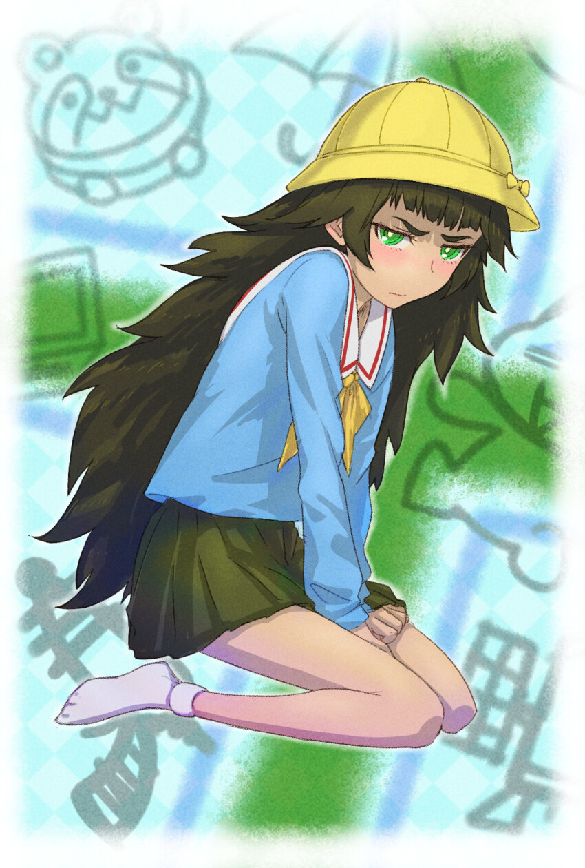1girl annoyed black_hair blue_jacket blush brown_hair closed_mouth embarrassed full_body green_eyes green_skirt hat highres hiyajou_maho jacket kindergarten_uniform kneeling long_hair long_sleeves looking_at_viewer menomorute messy_hair miniskirt neckerchief pleated_skirt red_streaks sailor_collar school_uniform serafuku shirt shoes sitting skirt socks solo steins;gate steins;gate_0 wariza white_sailor_collar yellow_hat yellow_neckerchief