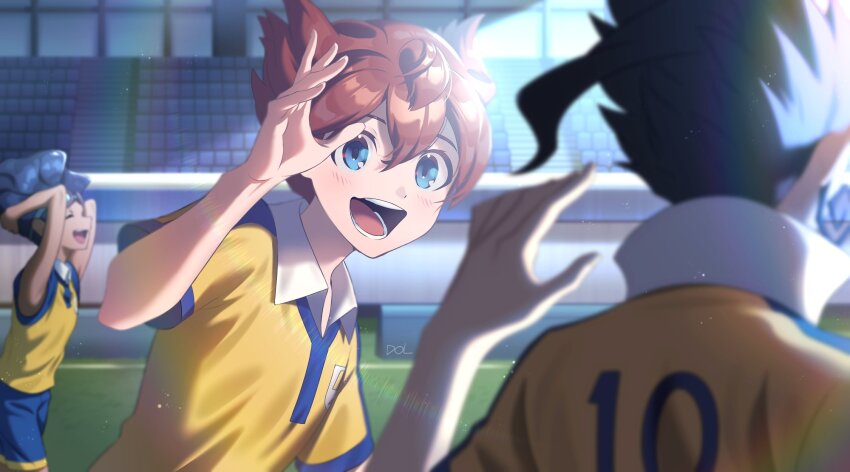 3boys black_hair blue_eyes blue_hair blue_shorts brown_hair closed_eyes dolustoy goggles goggles_on_head hamano_kaiji highres inazuma_eleven inazuma_eleven_(series) inazuma_eleven_go looking_at_another male_focus matsukaze_tenma multiple_boys open_mouth raimon raimon_soccer_uniform shirt shorts soccer_field soccer_uniform solo_focus sportswear tsurugi_kyousuke yellow_shirt