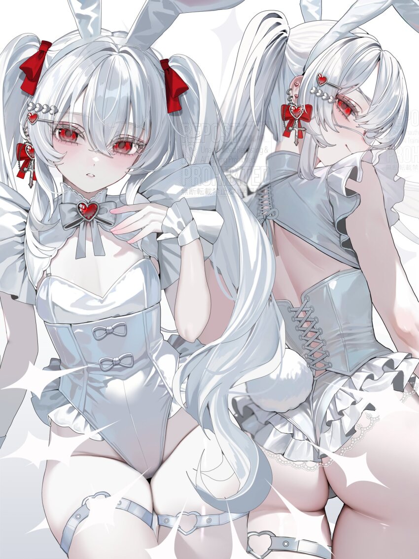 1girl akadajohnson02 animal_ear_hairband animal_ears ass back_cutout bare_legs blush bow breasts cleavage clothing_cutout commentary_request cowboy_shot criss-cross_back-straps cross cross_earrings double-parted_bangs ear_piercing earrings eyepatch fake_animal_ears fake_tail flat_chest floating_hair frilled_leotard frills from_behind hair_between_eyes hair_ornament hairband hairclip hand_on_own_chest heart heart_hair_ornament heart_o-ring highleg highleg_leotard highres jewelry leotard light_blush long_hair looking_at_viewer medical_eyepatch multiple_views o-ring o-ring_thigh_strap original piercing pink_nails rabbit_ear_hairband rabbit_ears rabbit_tail red_eyes ribbon_earrings short_sleeves sidelocks sitting smile tail thigh_gap thigh_strap twintails very_long_hair watermark white_bow white_hair white_leotard white_theme white_wrist_cuffs wrist_cuffs