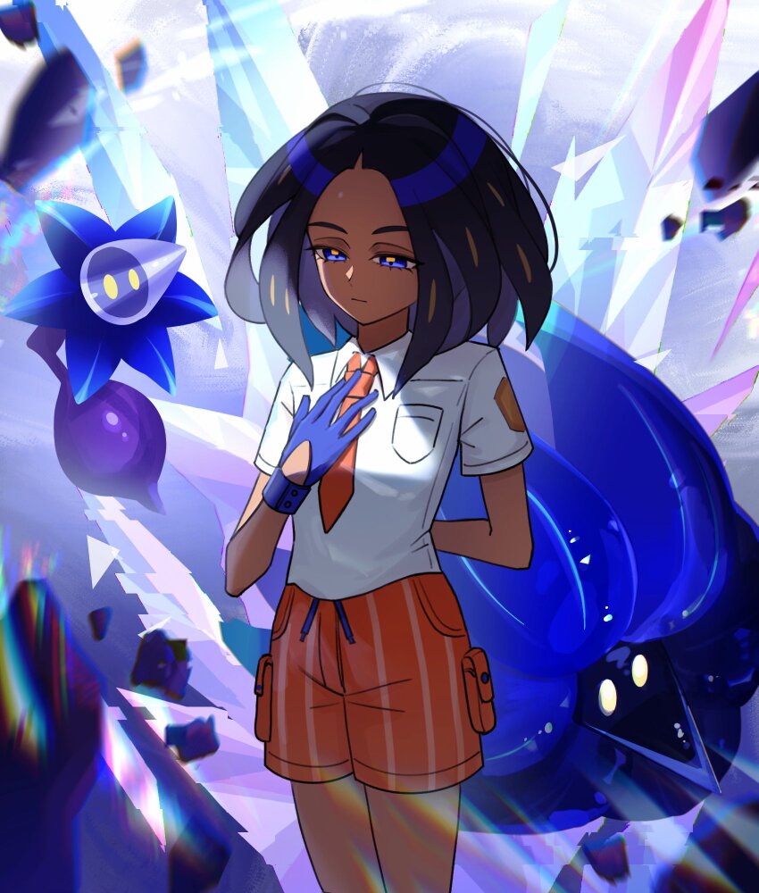 1girl aged_down arm_behind_back black_hair blue_eyes blue_gloves breast_pocket closed_mouth collared_shirt commentary_request dark-skinned_female dark_skin evolutionary_line eyelashes game_freak geeta_(pokemon) glimmet glimmora gloves half-closed_eyes hand_up highres molingxiang_chimangguo necktie nintendo orange_necktie orange_shorts pocket pokemon pokemon_(creature) pokemon_sv school_uniform shirt shorts white_shirt