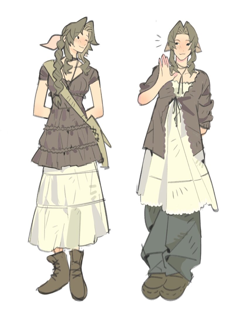1girl aerith_gainsborough alternate_costume arm_behind_back arms_behind_back bag boots braid braided_ponytail breasts brown_boots brown_cardigan brown_hair brown_shirt cardigan casual contemporary dress final_fantasy final_fantasy_vii full_body grey_pants hair_over_shoulder hair_ribbon highres light_blush long_dress long_hair medium_breasts mmmckayyy multiple_views one_eye_closed pants pants_under_dress parted_bangs pink_ribbon ribbon shirt shoulder_bag sidelocks single_braid solo standing white_background white_dress