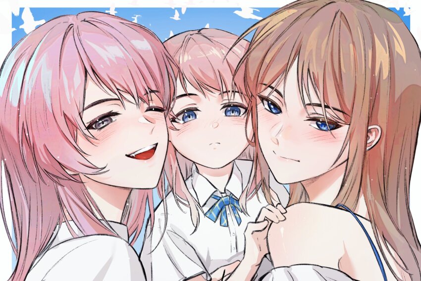 3girls bang_dream! bang_dream!_it&#039;s_mygo!!!!! bare_shoulders bird blue_eyes blue_ribbon blue_sky blush brown_hair chihaya_anon chinese_commentary closed_mouth collared_shirt commentary_request fang grey_eyes hero45439083942 highres if_they_mated long_hair mother_and_daughter multiple_girls nagasaki_soyo neck_ribbon off-shoulder_shirt off_shoulder open_mouth outdoors pink_hair ribbon science_babies shirt sky smile upper_body white_bird white_shirt yuri