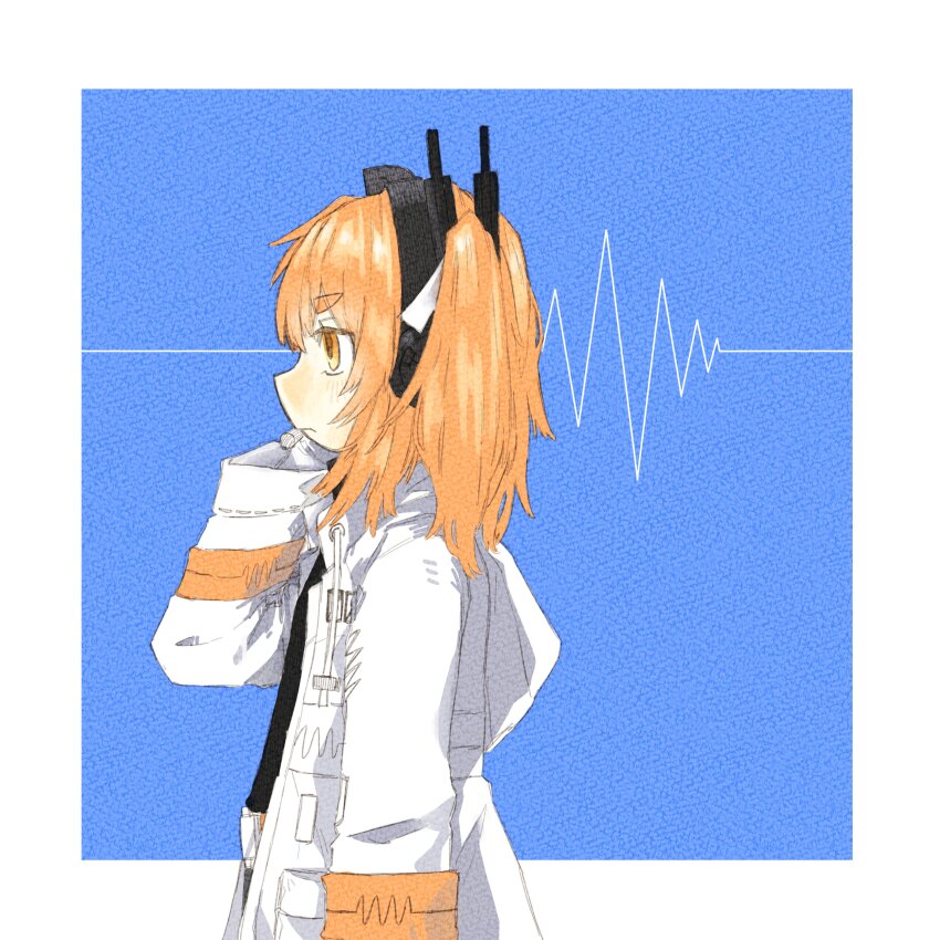 1girl a.i._voice absurdres adachi_rei arm_at_side belt black_shirt blue_background border from_side frown gloves hair_ribbon hand_up headset highres hood hood_down hooded_jacket jacket light_blush long_sleeves looking_ahead medium_hair microphone open_clothes open_jacket orange_eyes orange_hair outside_border paper_texture profile radio_antenna ribbon serious shirt side_ponytail solo sound_wave subaru_namisaki thick_eyebrows turtleneck upper_body utau white_border white_gloves white_jacket white_ribbon