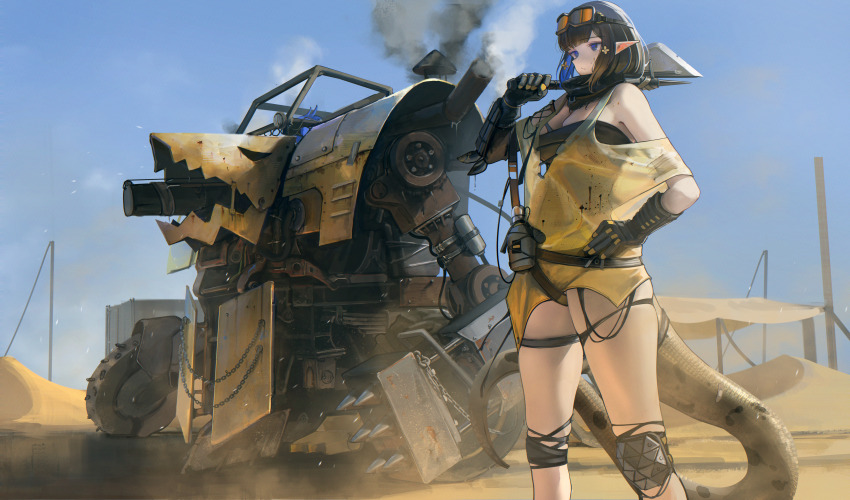 1girl absurdres arknights axe big_ugly_(arknights) black_gloves breasts cleavage desert eunectes_(arknights) flower gloves goggles goggles_on_head hair_flower hair_ornament high_priest_(arknights) highres holding holding_axe knee_pads kusami_toka_naku_au mecha over_shoulder pointy_ears robot single_knee_pad smoke snake_tail tail thighs weapon weapon_over_shoulder