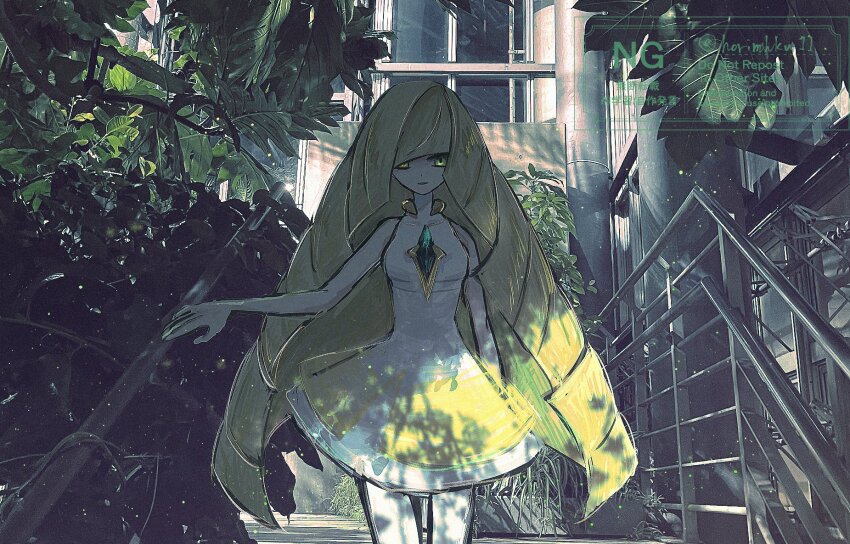 1girl bare_shoulders blonde_hair creatures_(company) dress game_freak green_eyes highres horimhkw11 long_hair looking_at_viewer lusamine_(pokemon) nintendo parted_lips plant pokemon pokemon_sm railing shade sleeveless sleeveless_dress smile solo very_long_hair white_dress