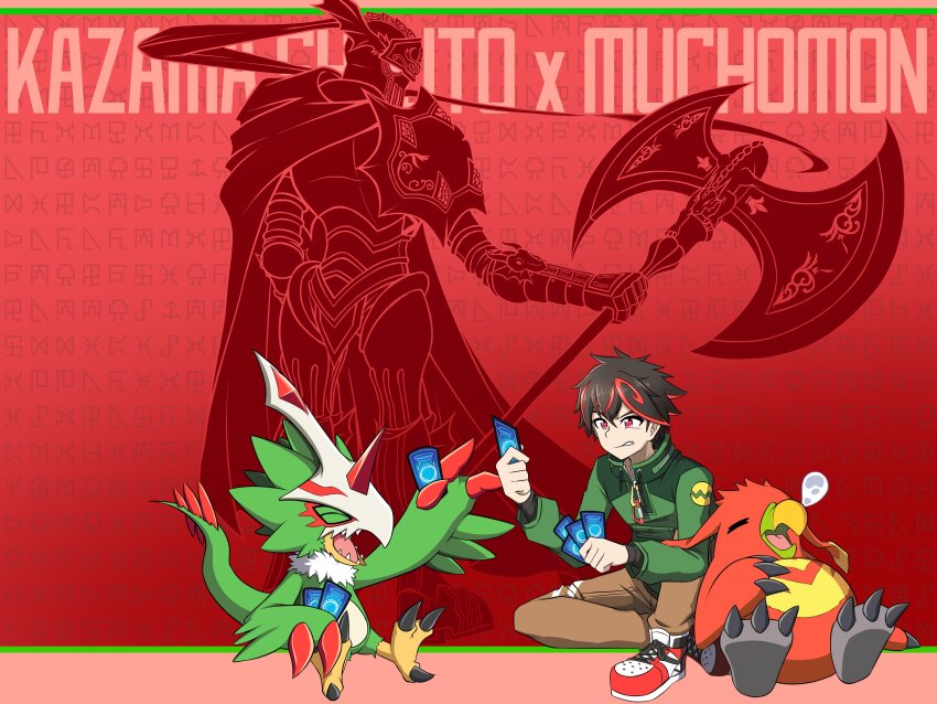 3boys absurdres beak bird black_hair brown_pants card character_name digimon digimon_card_game digimon_liberator feathers festus_flare green_feathers green_shirt group_picture halberd highres holding holding_card holding_polearm holding_weapon horns kazama_shoto knight male_focus medievaldukemon muchomon multicolored_hair multiple_boys pants penguin polearm pteromon red_feathers red_hair shirt short_hair single_horn sleeping streaked_hair talons trading_card two-tone_hair variant_set weapon