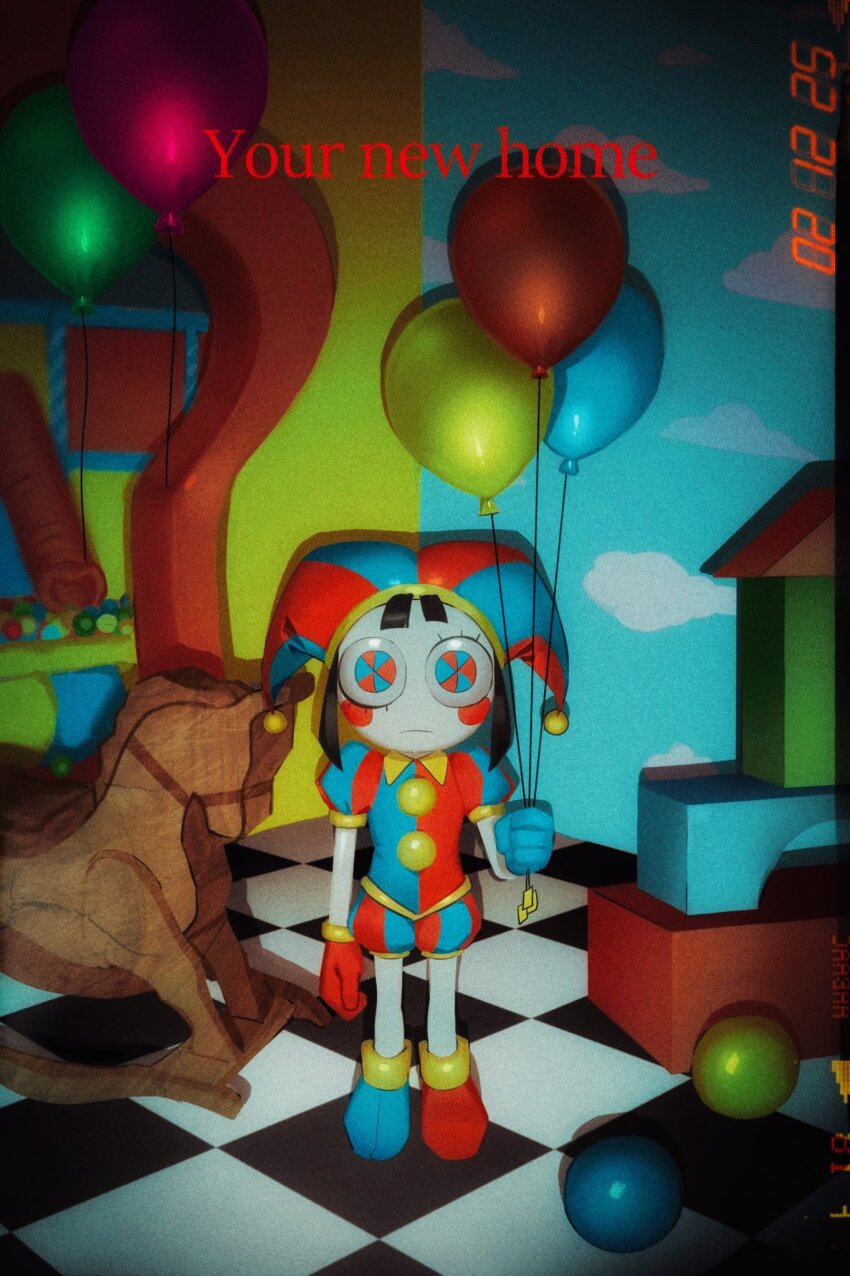 1girl asymmetrical_gloves balloon black_hair blue_eyes blue_gloves blue_sky blunt_bangs blush_stickers checkered_floor cloud_print colored_skin dim_lighting expressionless gloves hat hat_bell highres holding holding_balloon jester jester_cap jester_costume liminal_space looking_at_viewer mismatched_gloves multicolored_eyes multicolored_hat no_nose pom_pom_(clothes) pomni_(the_amazing_digital_circus) puffy_short_sleeves puffy_sleeves red_eyes red_gloves rocking_horse short_hair short_sleeves sky sky_print solo striped_clothes striped_headwear the_amazing_digital_circus toboggan toothpaste_dd toy_block two-tone_eyes vertical-striped_bodysuit vertical-striped_clothes vertical-striped_headwear white_skin