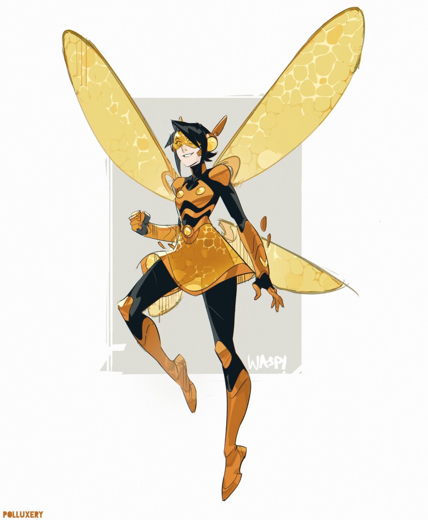 1girl absurdres animification armor avengers_(series) black_hair breasts brown_hair gloves highres insect_wings janet_van_dyne looking_at_viewer marvel medium_breasts polluxery short_hair smile solo superhero_costume wasp_(marvel) wings
