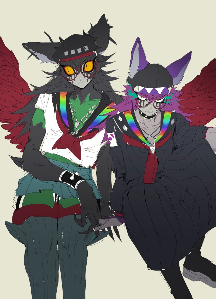 2boys animal_ears animal_hands black_footwear black_hair black_hat black_shirt black_skirt black_wrist_cuffs boots newsboy_cap claws closed_mouth colored_extremities colored_sclera colored_skin constricted_pupils dual_persona eyeliner from_front furrowed_brow glasses green_skin green_skirt grey_skin hair_between_eyes hat highres in_air jewelry long_hair long_sleeves looking_at_viewer makeup male_focus mascara master_detective_archives:_rain_code midair midriff miniskirt monster_boy multiple_boys mystery_phantom na_6 neckerchief necklace red-framed_eyewear red_neckerchief red_wings round_eyewear sailor_collar school_uniform shirt short_sleeves sideways_glance simple_background sitting skirt slit_pupils spoilers upskirt white_background wings wrist_cuffs yellow_eyes yellow_sclera zilch_alexander
