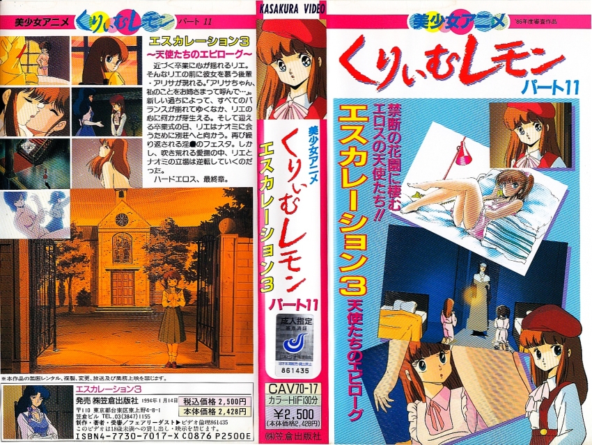 beret blue_eyes brown_hair cream_lemon escalation hat komatsuzaki_rie kurimoto_arisa long_hair multiple_girls vhs_cover