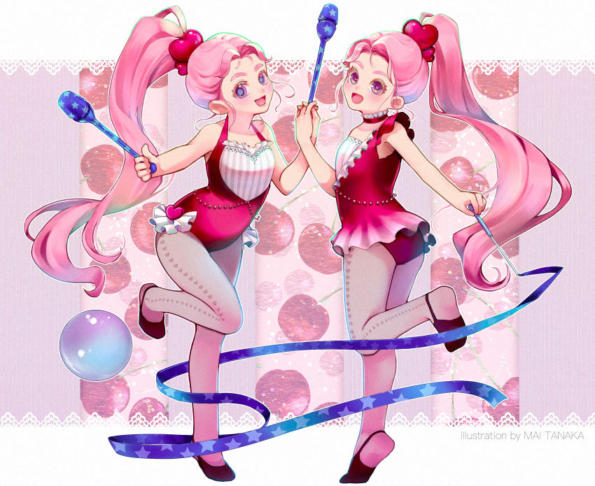 2girls :d absurdres artist_name ass blue_eyes blue_ribbon check_commentary cherry commentary_request food fruit gymnastics hair_ornament heart heart_hair_ornament highres juggling_club leotard long_hair multiple_girls open_mouth original pink_eyes pink_hair ponytail red_leotard rhythmic_gymnastics ribbon ribbon_baton smile snails0106 standing very_long_hair