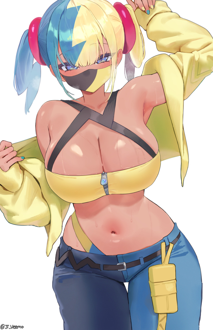 1girl absurdres aqua_nails bandeau black_hair black_mask black_pants blonde_hair blue_eyes blue_hair blue_pants breasts canari_(pokemon) cleavage highres jacket jtveemo large_breasts looking_at_viewer mask mouth_mask multicolored_hair multicolored_nails nail_polish navel nintendo pants pokemon pokemon_legends:_z-a short_hair simple_background solo sweat tan twintails two-tone_mask two-tone_pants white_background yellow_bandeau yellow_jacket yellow_mask yellow_nails