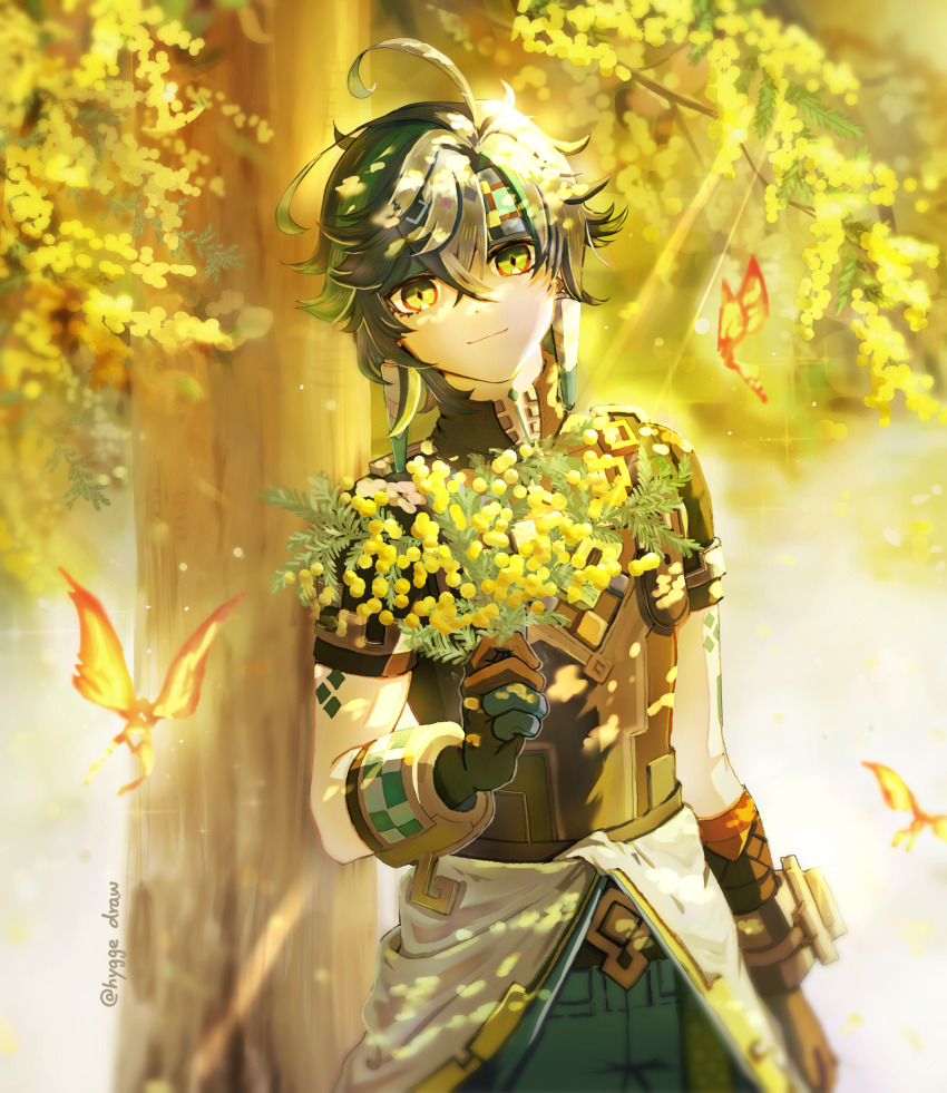 1boy absurdres ahoge black_gloves black_hair black_shirt branch closed_mouth commentary crossed_bangs crystalfly_(genshin_impact) dappled_sunlight day diamond-shaped_pupils diamond_(shape) english_commentary genshin_impact gloves green_eyes green_hair hair_between_eyes hand_up happy_white_day heart heart_ahoge highres holding hyggedraw kinich_(genshin_impact) long_sleeves looking_at_viewer male_focus medium_hair multicolored_eyes multicolored_hair outdoors shirt solo streaked_hair sunlight symbol-shaped_pupils tree twitter_username two-tone_eyes white_day yellow_eyes