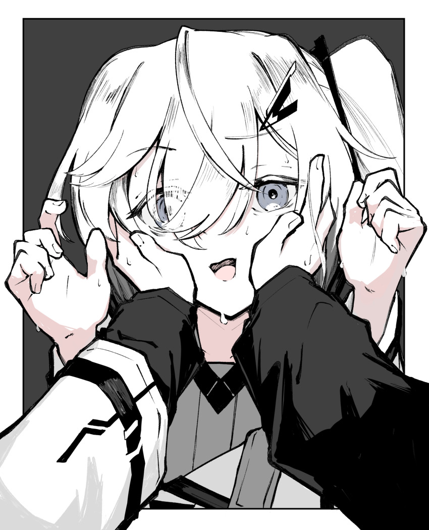 1boy 1girl allial_(coefont) asymmetrical_sleeves averuni_(coefont) black_background black_sleeves border brother_and_sister cheek_squash coefont commentary_request grey_eyes grey_shirt hair_ornament hair_over_one_eye hairclip hands_on_another&#039;s_cheeks hands_on_another&#039;s_face hands_up highres long_hair long_sleeves looking_at_viewer nervous_sweating one_side_up pov pov_hands raised_eyebrow shirt siblings simple_background sweat teckinder white_border white_hair