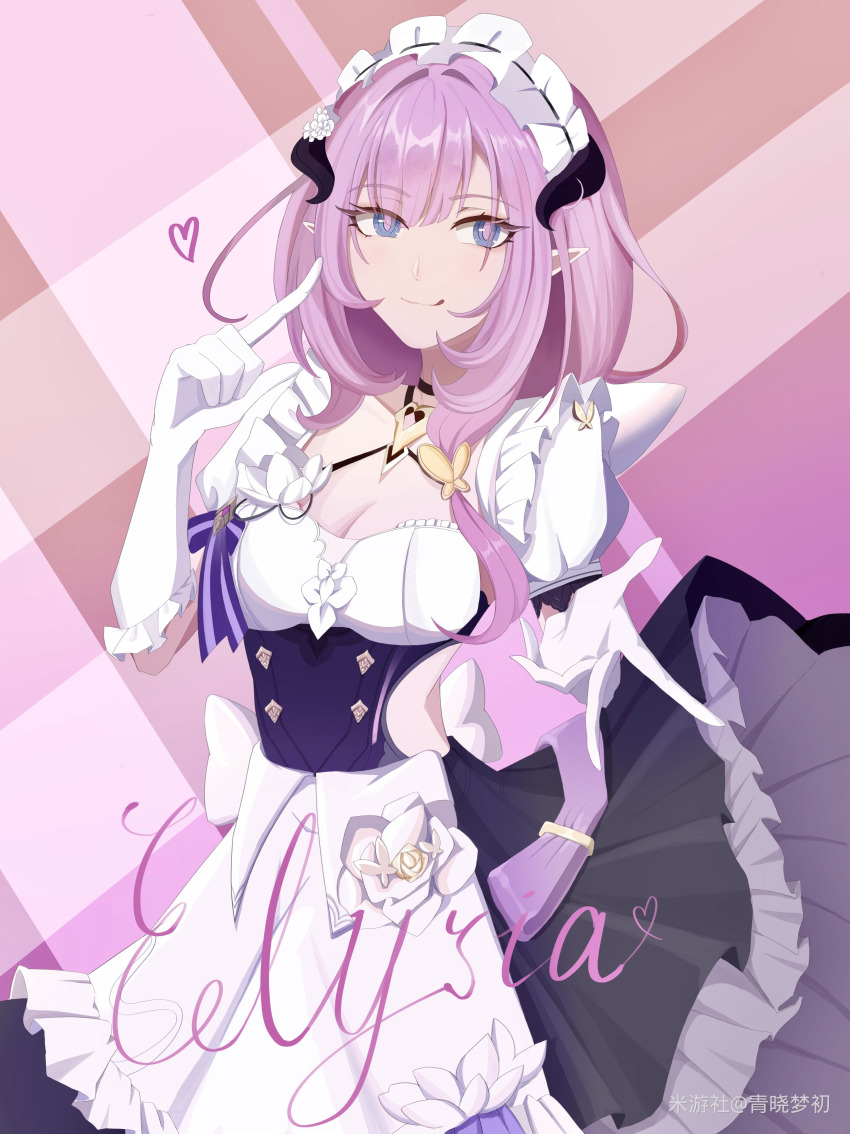 1girl absurdres apron blue_eyes breasts butterfly_hair_ornament chinese_commentary cleavage clothing_cutout colorful_background commentary_request elf elysia_(honkai_impact) elysia_(miss_pink)_(honkai_impact) elysia_(miss_pink_elf)_(honkai_impact) fake_horns gloves hair_ornament highres honkai_(series) honkai_impact_3rd horns large_breasts looking_at_viewer maid maid_headdress miyoushe_watermark official_alternate_costume pink_hair pointy_ears puffy_short_sleeves puffy_sleeves qing_xiao_meng_chu short_sleeves side_cutout smile solo watermark white_apron white_gloves