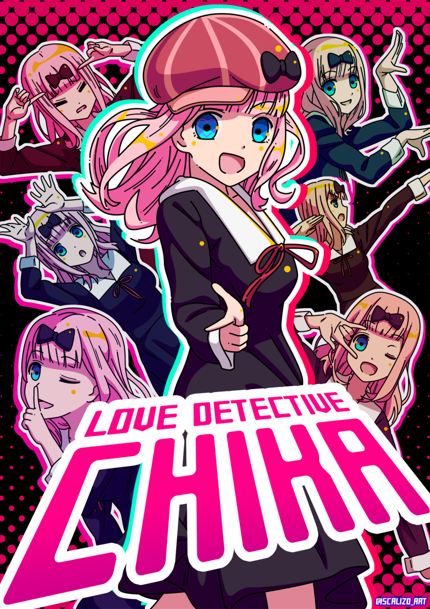 &gt;_&lt; 6+girls :d black_bow black_dress blue_eyes border bow cabbie_hat chikattochikachika_(kaguya-sama_wa_kokurasetai) commentary dress english_commentary english_text finger_to_head finger_to_mouth flat_color fujiwara_chika hair_bow hands_up hat heart heart-shaped_pupils highres kaguya-sama_wa_kokurasetai_~tensai-tachi_no_renai_zunousen~ looking_at_viewer m/ medium_hair multiple_girls one_eye_closed open_mouth pink_hair red_hat red_ribbon ribbon scalizo school_uniform shuuchiin_academy_school_uniform smile solo_focus symbol-shaped_pupils white_border xo