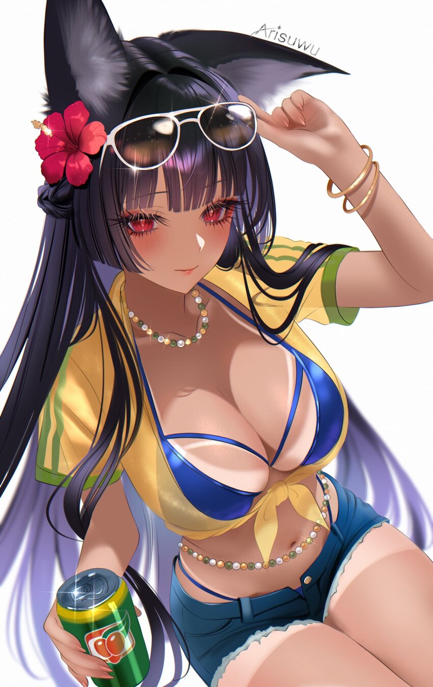 1girl 707arisu adjusting_eyewear alternate_costume animal_ear_fluff animal_ears artist_name bead_necklace beads bikini black_hair blue_bikini blunt_bangs blush bracelet brazilian_miku brazilian_miku_(cosplay) breasts can cleavage commentary cosplay cutoffs denim denim_shorts english_commentary eyewear_on_head flower fox_ears fox_girl hair_flower hair_ornament hatsune_miku highleg highleg_bikini highres holding holding_can hoshimi_miyabi jewelry large_breasts long_hair navel necklace open_clothes open_shirt red_eyes shirt short_shorts short_sleeves shorts simple_background solo stomach swimsuit tan tanline tied_shirt vocaloid white_background yellow_shirt zenless_zone_zero