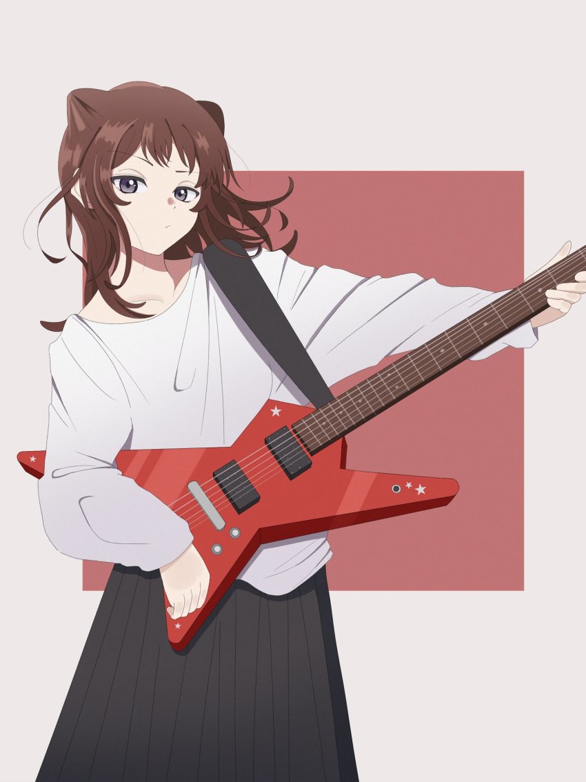 1girl bad_id bad_pixiv_id bang_dream! black_eyes black_skirt brown_hair cone_hair_bun electric_guitar guitar hair_bun highres holding holding_instrument instrument long_hair long_sleeves shirt skirt solo toyama_kasumi upper_body white_shirt yasou0049