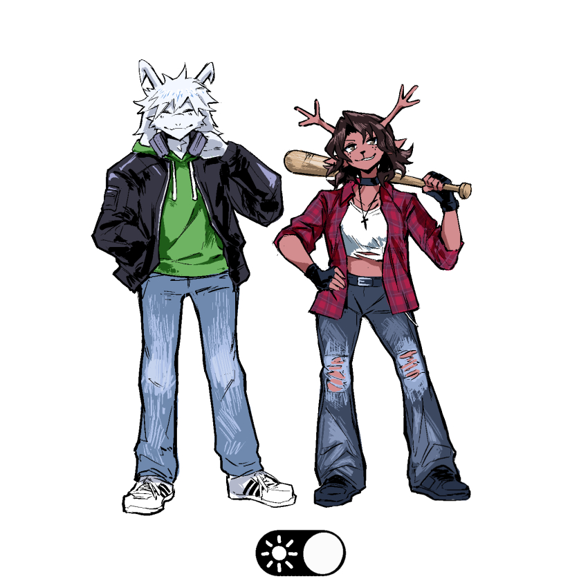 1boy 1girl antlers asriel_dreemurr baseball_bat december_holiday deer_antlers deltarune denim fingerless_gloves gloves headphones headphones_around_neck heartbreak_juan highres horns jeans pants red_shirt shirt standing torn_clothes torn_jeans torn_pants