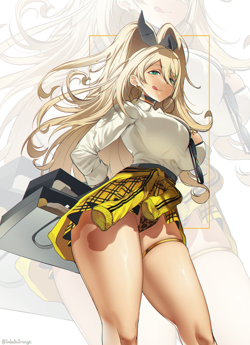1girl absurdres animal_ears animal_print bag bead_bracelet beads black_bag black_choker blonde_hair blush bracelet breasts cellphone choker cleavage closed_eyes earrings fake_animal_ears goddess_of_victory:_nikke gyaru hair_ornament heart highres holding holding_bag jewelry large_breasts leopard_print long_hair onee_gyaru open_mouth panties phone rabbit_ears rupee_(nikke) salm0n0range shirt simple_background skindentation skirt smartphone smile solo sunglasses thigh_strap thighs underwear white_background white_shirt yellow_skirt