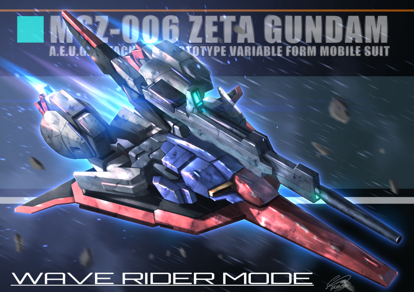 absurdres beam_rifle character_name energy_gun flying gundam highres mecha motion_blur no_humans raruru robot solo space thrusters wave_rider weapon zeta_gundam zeta_gundam_(mobile_suit)