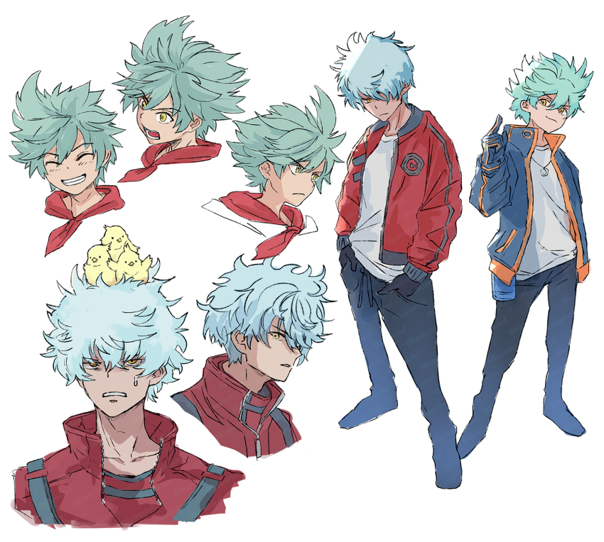 2boys animal animal_on_head another_eden aqua_hair bird bird_on_head black_pants blue_jacket closed_eyes dewey_(another_eden) dual_persona grin hair_between_eyes hands_in_pockets highres jacket jewelry kumotof male_focus multiple_boys multiple_views neckerchief necklace on_head pants red_jacket red_neckerchief shirt short_hair smile sweatdrop teeth white_shirt yellow_eyes