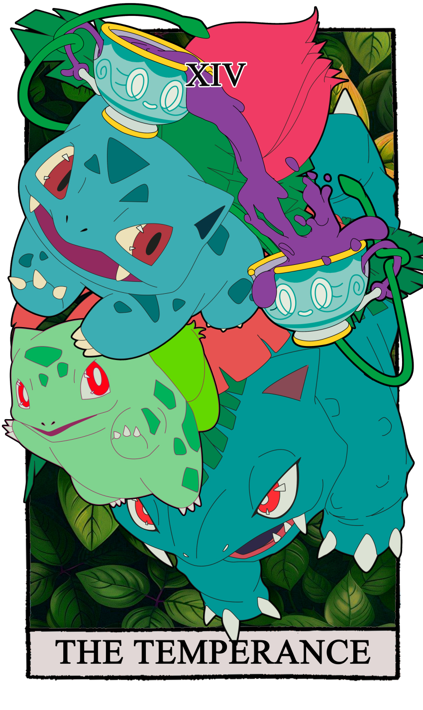 absurdres border bright_pupils bulbasaur card_(medium) carrotzmoonman claws commentary english_commentary evolutionary_line gen_1_pokemon gen_8_pokemon highres ivysaur leaf nintendo no_humans nostrils open_mouth plant pokemon pokemon_(creature) pouring red_eyes roman_numeral sinistea tarot tarot_(medium) temperance_(tarot) venusaur vines white_border white_pupils