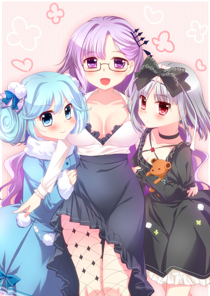 10s 3girls :d akari_(fantasista_doll) alfred_(artist) blue_eyes blue_hair bow breasts cleavage collarbone dress fantasista_doll fishnet_pantyhose fishnets girl_sandwich glasses grey_hair hair_bow hair_bun hair_ornament height_difference highres katia_(fantasista_doll) large_breasts long_hair looking_at_viewer madeleine_(fantasista_doll) multiple_girls open_mouth pantyhose purple_eyes purple_hair red_eyes sandwiched single_hair_bun size_difference smile stuffed_animal stuffed_toy teddy_bear very_long_hair