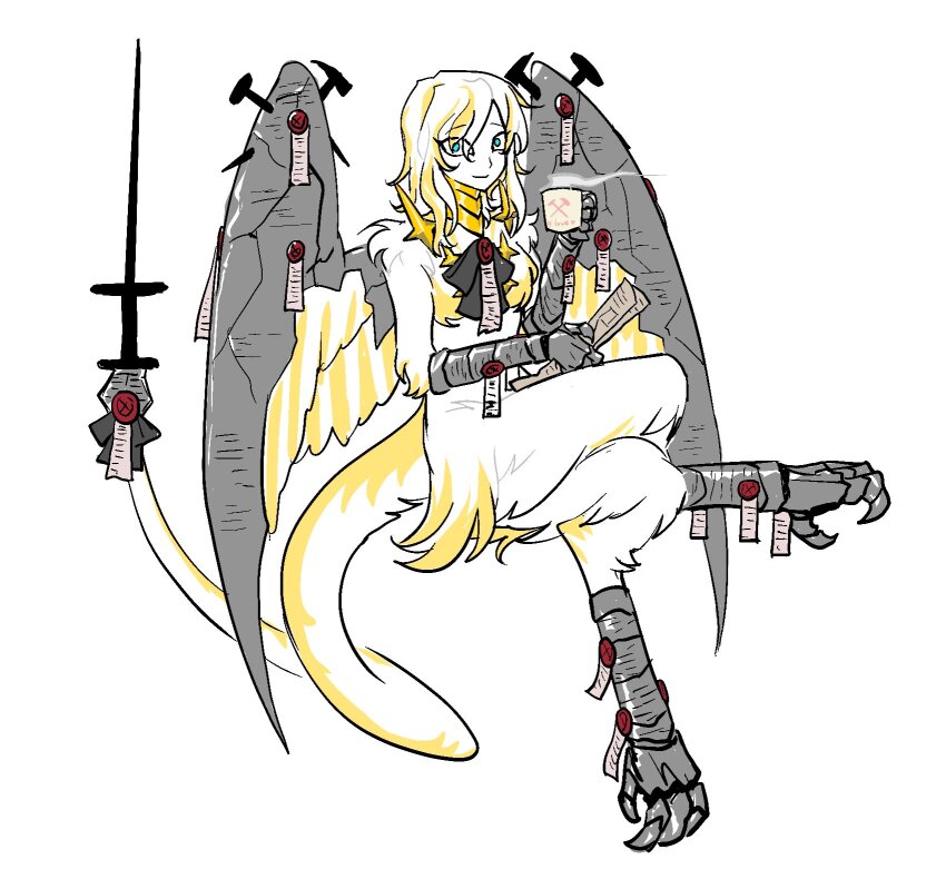 1girl ascot black_ascot blonde_hair blue_eyes closed_mouth crossed_legs faust_(project_moon) full_body gauntlets harpy highres holding holding_paper limbus_company looking_at_viewer medium_hair monster_girl multicolored_hair n_corp._fanatic_(identity)_(project_moon) nail_(hardware) ohzv paper project_moon smile solo streaked_hair talisman talons wax_seal white_hair white_wings wide-eyed wing_armor wings