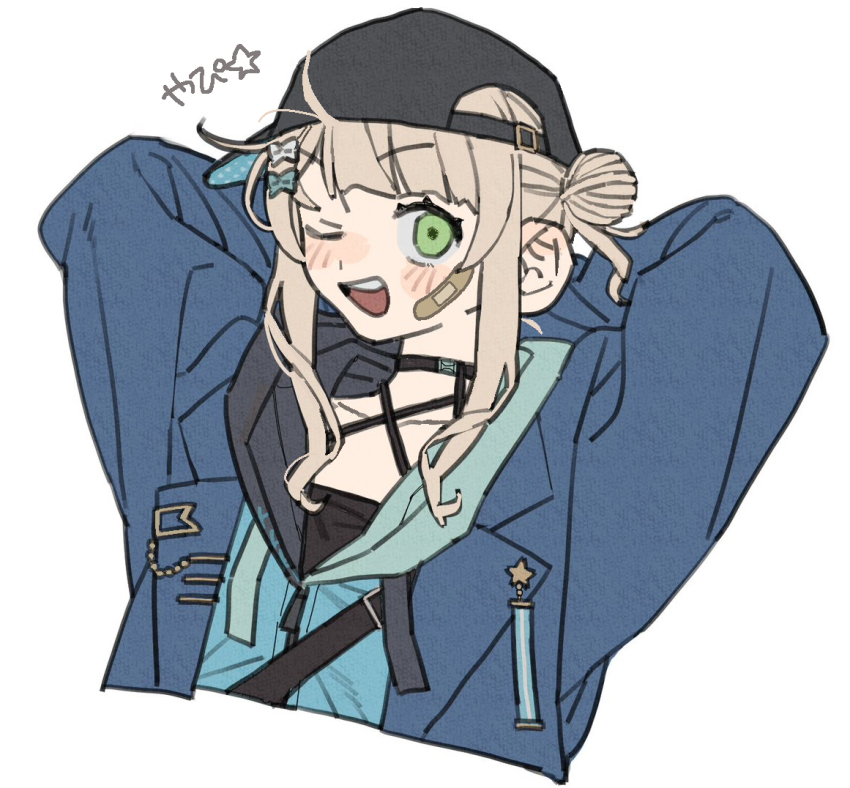 1girl arms_behind_head bad_id bad_pixiv_id bandage_on_face bandages blonde_hair blue_jacket collarbone dayama flat_color green_eyes hair_bun jacket kaburaki_roco nijisanji one_eye_closed open_clothes open_jacket open_mouth simple_background solo teeth upper_teeth_only virtual_youtuber white_background