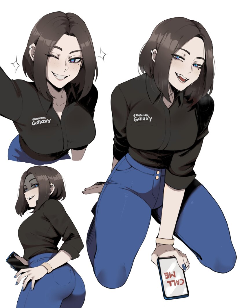 1girl absurdres black_hair blue_eyes cellphone fangs highres pants phone samsung samsung_galaxy samsung_sam slit_pupils smartphone thick_thighs thighs