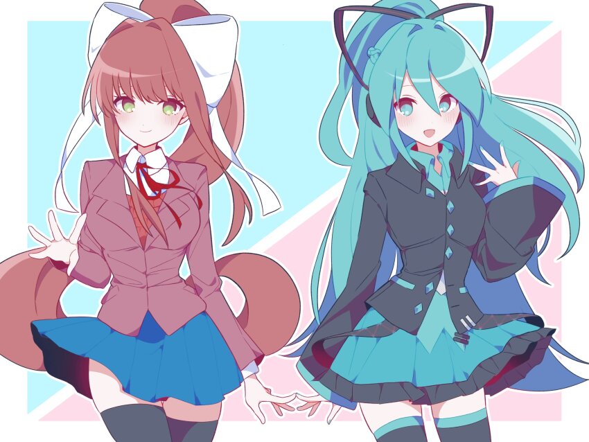 2girls aqua_eyes aqua_hair aqua_skirt black_shirt bow brown_hair crossover doki_doki_literature_club green_eyes hair_bow hair_ribbon hatsune_miku hatsune_miku_(if) headphones highres kotohatoko510 long_hair long_sleeves looking_at_viewer miniskirt monika_(doki_doki_literature_club) multiple_girls open_mouth plaid_clothes plaid_skirt pleated_skirt ponytail ribbon school_uniform shirt sidelocks skirt smile thighhighs very_long_hair vocaloid white_bow white_ribbon zettai_ryouiki