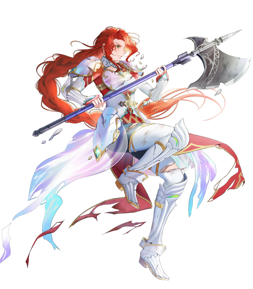armor braid braided_ponytail breastplate chipped_weapon clenched_teeth damaged fire_emblem fire_emblem:_path_of_radiance highres long_hair nintendo non-web_source official_alternate_costume official_art pelvic_curtain red_eyes shoulder_armor solo teeth titania_(fire_emblem) titania_(resplendent)_(fire_emblem) v-shaped_eyebrows very_long_hair white_armor