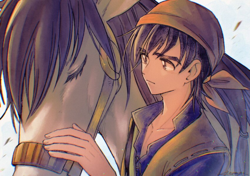 1boy animal bandana black_hair blue_shirt brown_eyes brown_hair closed_eyes closed_mouth coat collarbone commentary_request dragon_quest dragon_quest_viii hero_(dq8) highres horse looking_at_another medea_(dq8) medea_(horse)_(dq8) mouyi petting red_bandana shirt sleeveless sleeveless_coat upper_body yellow_coat