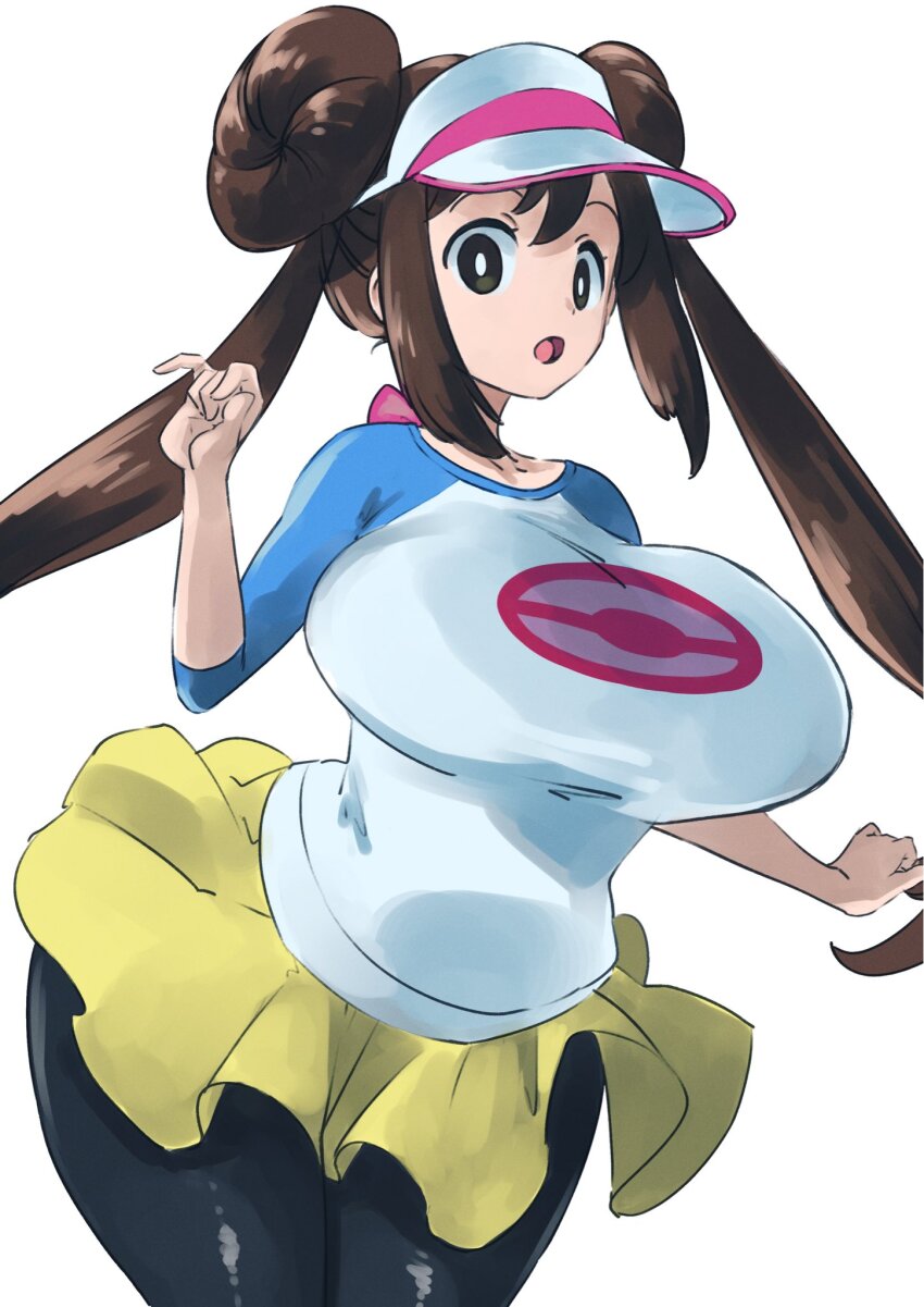 1girl alternate_breast_size_(larger) black_pantyhose breasts brown_hair collarbone female_focus hair_bun highres kyuugata large_breasts long_hair open_mouth pantyhose pokemon pokemon_bw2 rosa_(pokemon) simple_background skirt solo solo_focus twintails visor_cap white_background