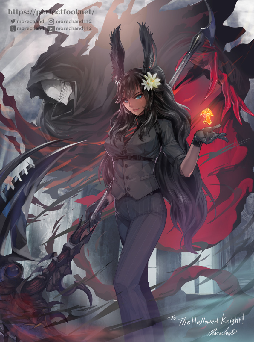 1girl animal_ears aqua_eyes warrior_of_light_(ff14) black_gloves black_hair black_pants black_shirt buttons closed_mouth collared_shirt commission darkness dress_shirt feet_out_of_frame final_fantasy final_fantasy_xiv flower formal_clothes gloves glowing hair_flower hair_ornament hand_up harness highres holding holding_weapon lips long_hair looking_at_viewer mole mole_under_mouth moreshan necktie pants pocket rabbit_ears rabbit_girl reaper_(final_fantasy) scythe shirt short_sleeves signature skeb_commission smile standing tan undershirt very_long_hair viera voidsent watermark weapon web_address wing_collar