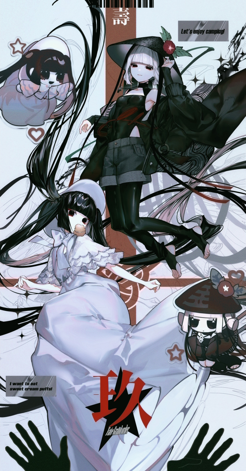 2girls absurdly_long_hair absurdres albino_(a1b1n0623) bare_shoulders black_camisole black_eyes black_hair black_jacket black_pantyhose blunt_bangs bonnet breasts camisole capelet character_doll dress fate/grand_order fate_(series) flower ghost_hands grey_hair grey_shorts hat highres jacket jewelry komahime_(exhibition_attire)_(fate) komahime_(fate) long_hair long_sleeves looking_at_viewer mouth_hold multiple_girls necklace off_shoulder pantyhose rice_hat sen_no_rikyu_(exhibition_attire)_(fate) sen_no_rikyu_(fate) short_hair shorts small_breasts smile twintails very_long_hair white_capelet white_dress white_hat