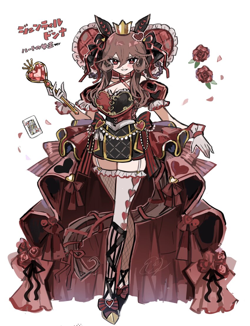 absurdres alice&#039;s_adventures_in_wonderland animal_ears blush breasts brown_hair crown flower full_body gentildonna_(umamusume) hair_between_eyes hair_ornament hair_rings highres holding holding_scepter horse_girl horse_tail kumo_(mokumoku_warabi) looking_at_viewer open_mouth queen_of_hearts_(alice_in_wonderland) red_eyes scepter tail thighhighs umamusume white_background