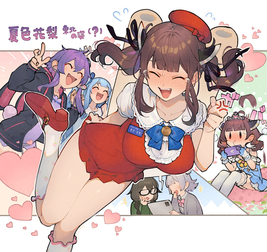 6+girls ^_^ anger_vein black-framed_eyewear black_ribbon blue_bow blue_bowtie blue_hair blunt_bangs blush bow bowtie breasts brown_hair cevio character_name closed_eyes collarbone commentary_request cosplay flying_sweatdrops grey_hair hair_ribbon hanakuma_chifuyu hat headgear heart highres kiritanpo_(food) koharu_rikka kotonoha_aoi large_breasts multiple_girls natsuki_karin nose_blush purple_hair red_hat red_shoes ribbon shirinda_fureiru shoes short_sleeves socks solo_focus sweat synthesizer_v touhoku_kiritan touhoku_kiritan_(cosplay) vocaloid voiceroid white_socks yuzuki_yukari