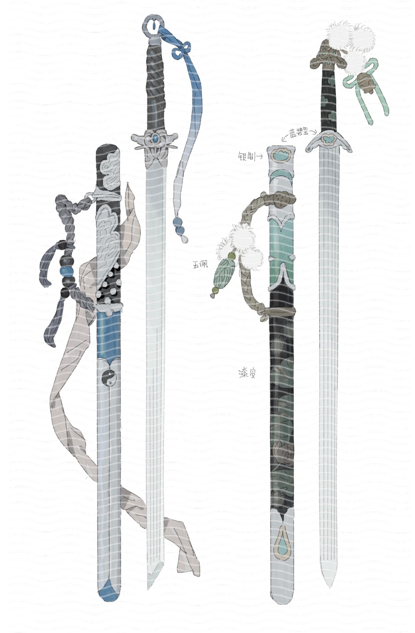 absurdres beads bell bow charm_(object) chinese_text green_bow highres jian_(weapon) jingle_bell ma_fu original scabbard sheath sword weapon weapon_focus weapon_request white_background