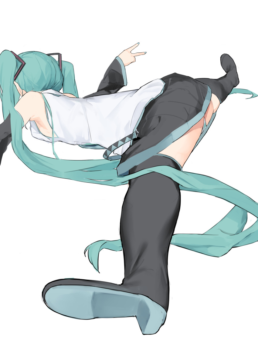 1girl aqua_hair aqua_nails aqua_panties ass black_boots black_skirt black_sleeves black_thighhighs boots commentary detached_sleeves flexible from_behind grey_shirt hair_spread_out hand_up hatsune_miku highres long_hair long_sleeves lying miniskirt nail_polish on_stomach panties pantyshot pocche-ex shirt shoe_soles side_sitting_split simple_background sitting_split skirt sleeveless sleeveless_shirt solo split spread_legs thigh_boots thighhighs twintails underwear v very_long_hair vocaloid white_background wide_sleeves