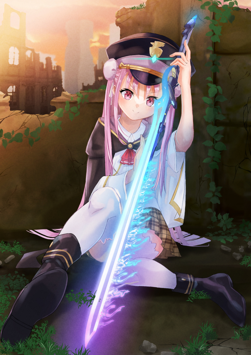 &gt;:) 1girl absurdres ascot black_boots black_cape blue_hair blunt_ends blush boots brown_skirt bun_cover c: cape closed_mouth collared_shirt commentary convenient_censoring double_bun eyelashes full_body glowing glowing_sword glowing_weapon hair_between_eyes hair_bun hair_ribbon hand_up hat heaven_burns_red highres holding holding_sword holding_weapon knee_up kunimi_tama long_hair long_sleeves looking_at_object military_hat miniskirt mu-chu outdoors peaked_cap pink_eyes pink_hair plaid_clothes plaid_skirt pleated_skirt red_ascot ribbon shirt short_sleeves sidelocks sitting skirt smile smug split_mouth straight_hair sword thighhighs v-shaped_eyebrows very_long_hair weapon white_ribbon white_shirt white_thighhighs wide_sleeves zettai_ryouiki