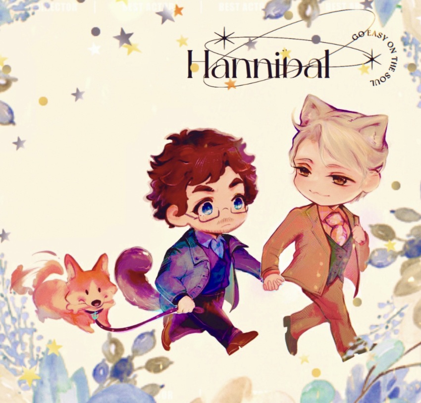 2boys :3 afterimage animal_ears animification beard_stubble black-framed_eyewear black_footwear black_pants black_vest blazer blonde_hair blue_eyes blue_flower blue_jacket blue_shirt blue_vest brown_footwear brown_hair brown_jacket brown_pants brown_suit bud buttons cat_ears chibi chinese_commentary closed_mouth collared_jacket collared_shirt commentary_request copyright_name denim english_text facial_hair flower formal_clothes glasses hannibal_(tv_series) hannibal_lecter highres holding holding_hands holding_leash jacket jeans kemonomimi_mode lapels layered_sleeves leash long_sleeves looking_at_another male_focus marshal58252 messy_hair motion_lines multiple_boys mustache_stubble necktie notched_lapels open_clothes open_jacket pants pet_walking pink_necktie pink_shirt shiba_inu shirt shoes short_hair simple_background smile star_(symbol) stubble suit tail tail_wagging thick_eyebrows vest walking will_graham yaoi yellow_background yellow_eyes
