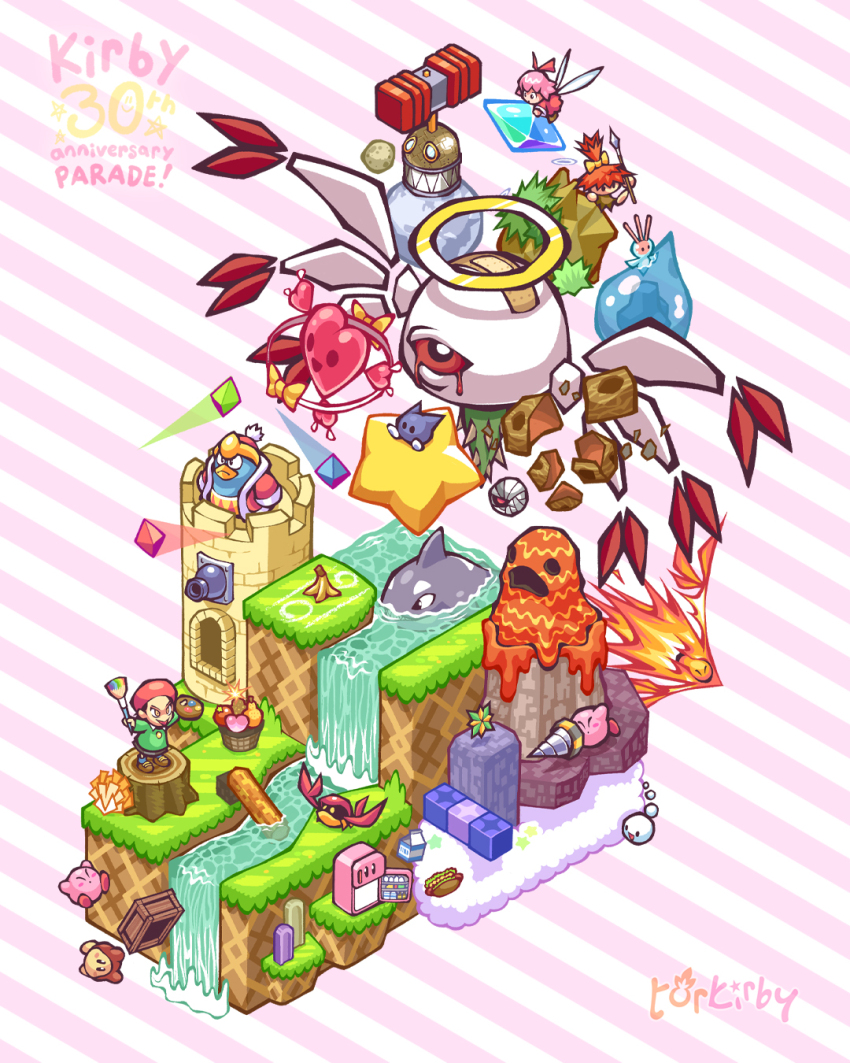 2girls acro_(kirby) adeleine anniversary aqua_star arms_up artist_name banana_peel bandaid bandaid_on_head basket beret black_skirt blush bow brown_eyes brown_footwear cannon castle closed_eyes closed_mouth coat commentary commentary_request copyright_name crab crate crystal dress drill english_commentary evil_smile fairy fairy_wings flying food frown fruit fur-trimmed_coat fur_trim grass green_shirt hair_bow halo hat highres holding holding_paint_palette holding_paintbrush holding_paint_palette holding_polearm holding_weapon hot_dog isometric kany_(kirby) king_dedede kirby kirby_(series) kirby_64 log long_sleeves magman milk_carton mixed-language_commentary mopoo_(kirby) multiple_girls mumbies_(kirby) n-z neo_star nintendo one-eyed open_clothes open_coat open_mouth orca paint_palette paintbrush paint_palette partially_submerged pink_background pink_hair pix_(kirby) planet_popstar polearm red_coat red_dress red_hair red_headwear refrigerator ribbon_(kirby) ripple_star robot rock_star_(kirby) shirt shiver_star shoes short_sleeves simple_background sitting skirt smile spear squeaky_hammer_machine squibby standing star_(symbol) striped_background topknot torkirby tower v-shaped_eyebrows waddle_dee water waterfall weapon white_background wings yariko_(kirby) yellow_bow yellow_eyes zero_two_(kirby)