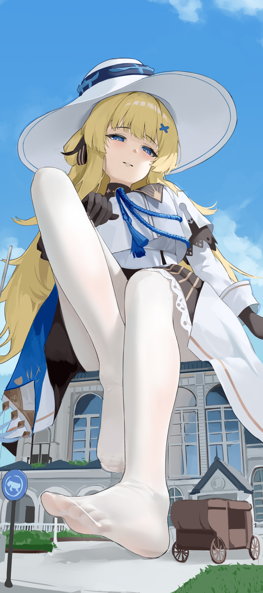 1girl absurdres black_gloves blonde_hair blue_eyes blue_sky blunt_bangs blush breasts carriage feet from_below giant giantess gloves hair_ornament hair_ribbon hairclip hat highres long_hair long_sleeves medium_breasts mousedic07 neck_tassel pantyhose phoebe_(wuthering_waves) ribbon sitting skirt sky soles solo sun_hat tassel toes very_long_hair white_pantyhose wuthering_waves