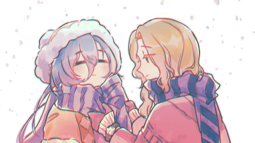 1boy 1girl 37_(maidjump_goods_cafe)_(reverse:1999) 37_(reverse:1999) 6_(reverse:1999) =_= adjusting_another&#039;s_clothes adjusting_scarf beanie blonde_hair blue_hair brown_coat brown_gloves closed_mouth coat gloves hair_between_eyes hands_up hat long_hair looking_at_another official_alternate_costume pom_pom_(clothes) pom_pom_beanie profile reverse:1999 scarf snow striped_clothes striped_scarf upper_body very_long_hair white_background yellow_cloak yellow_hat yi_zui_hua_yue