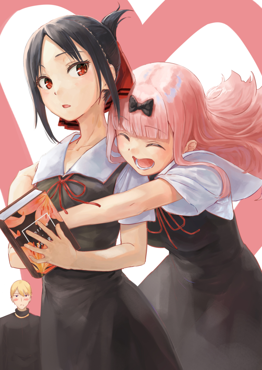 1boy 2girls :o aiueonesan_(umanaminoatama) black_bow black_hair blonde_hair blunt_bangs blush book bow closed_mouth dress fujiwara_chika hair_bow hair_ribbon highres holding holding_book hug hug_from_behind kaguya-sama_wa_kokurasetai_~tensai-tachi_no_renai_zunousen~ long_hair looking_at_another lower_teeth_only multiple_girls open_mouth pinafore_dress pink_hair red_eyes ribbon school_uniform shinomiya_kaguya shirogane_miyuki shirt short_hair short_sleeves shuuchiin_academy_school_uniform sleeveless sleeveless_dress teeth white_shirt yuri