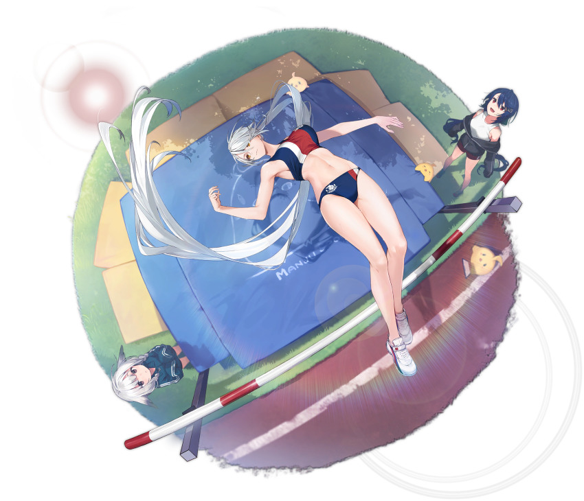 3girls allen_m._sumner_(azur_lane) animal artist_request azur_lane bare_arms bare_shoulders bird breasts character_request full_body highres kazagumo_(azur_lane) kirov_(azur_lane) kirov_(high_jump_star)_(azur_lane) long_hair manjuu_(azur_lane) medium_breasts multiple_girls navel off_shoulder official_art ponytail shoes simple_background sleeveless sneakers sports_bikini sports_bra sportswear stomach thighs transparent_background very_long_hair white_hair yellow_eyes