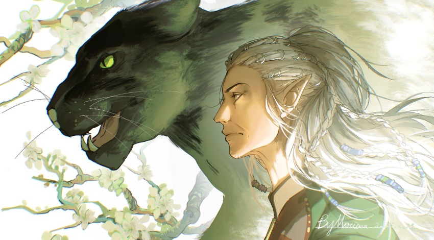 1girl animal artist_name baldur&#039;s_gate baldur&#039;s_gate_3 black_panther braid branch dungeons_&amp;_dragons dungeons_&amp;_dragons elf from_side green_eyes highres jaheira long_hair looking_ahead mature_female merianaka multiple_braids panther pointy_ears portrait procreate_(medium) profile signature white_hair