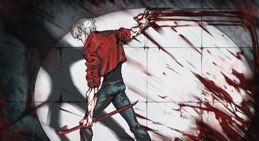 1boy albedo_(ben_10) be023 ben_10 black_shirt blood blood_on_arm commentary_request crowbar evil_grin evil_smile grey_pants grin hand_on_wall highres holding holding_crowbar holding_weapon implied_murder jacket male_focus mixed-language_commentary pants red_jacket shadow shirt smile solo weapon white_hair